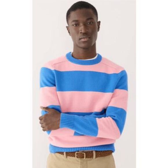 J. Crew Pink Blue Striped Heritage Cotton Crewneck Sweater Men's Size Large - Picture 1 of 6